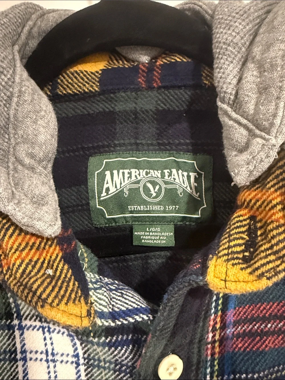 American Eagle Patchwork Plaid Hooded Flannel Shacket Shirt Jacket